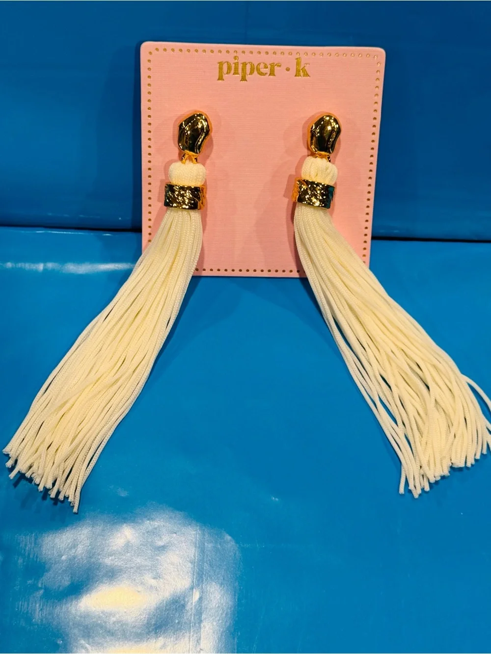 NWT Piper•K White Tassel Drop Earrings with Gold Accents